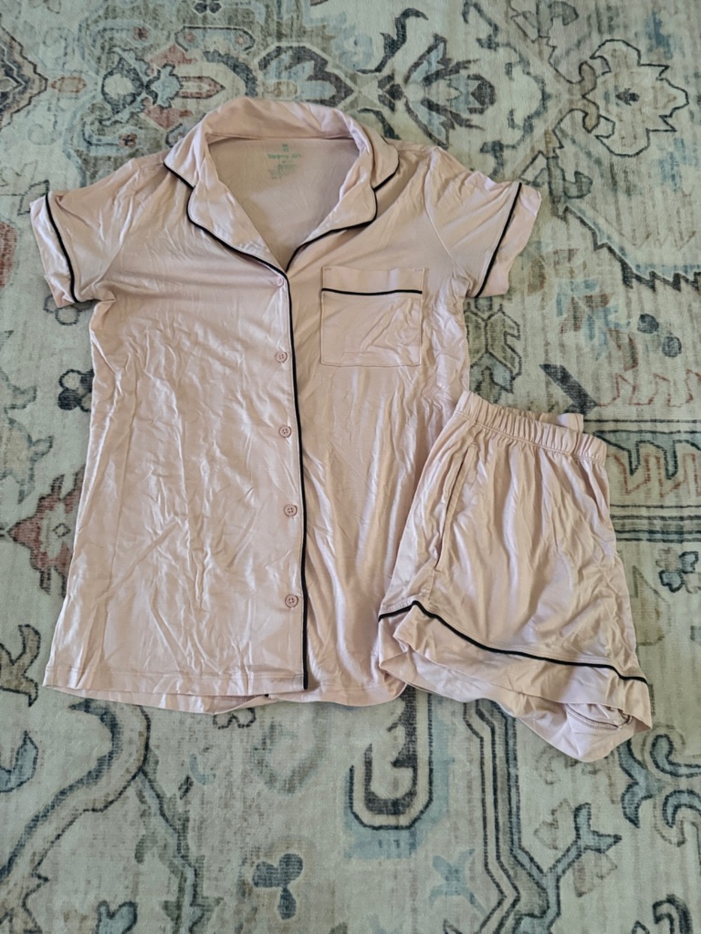 Tommy John Light Pink Short-Sleeve Button Pajama Set with Black Trim